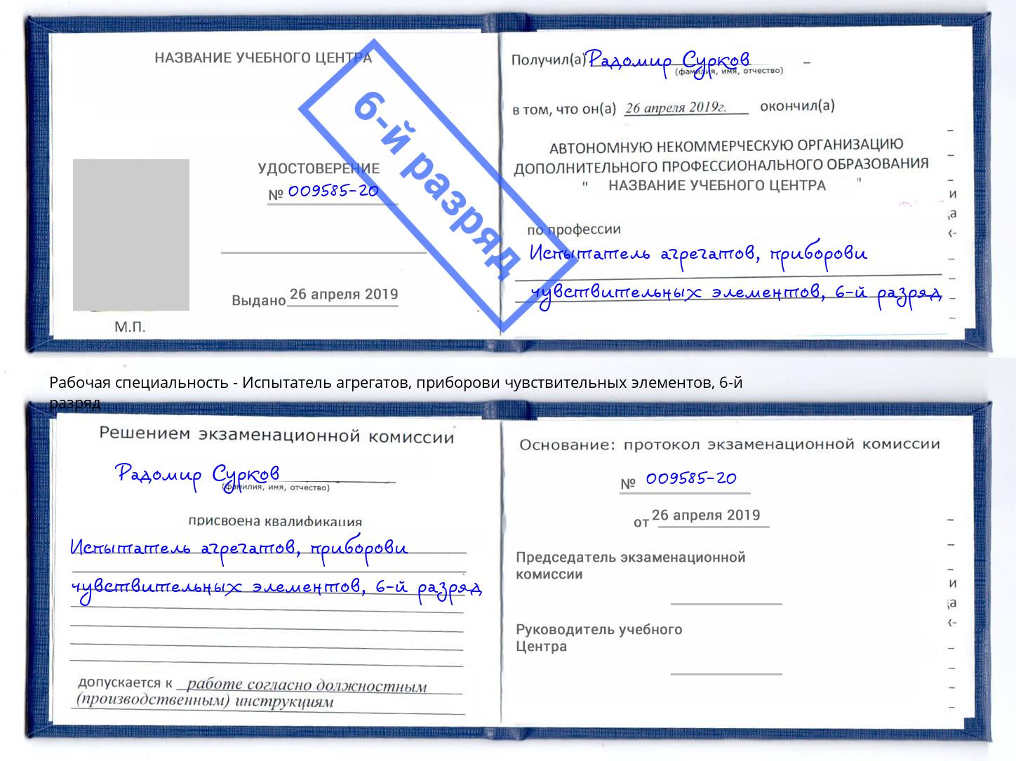 корочка 6-й разряд Испытатель агрегатов, приборови чувствительных элементов Назарово