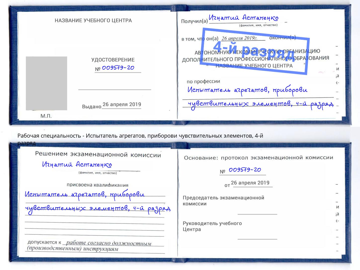 корочка 4-й разряд Испытатель агрегатов, приборови чувствительных элементов Назарово