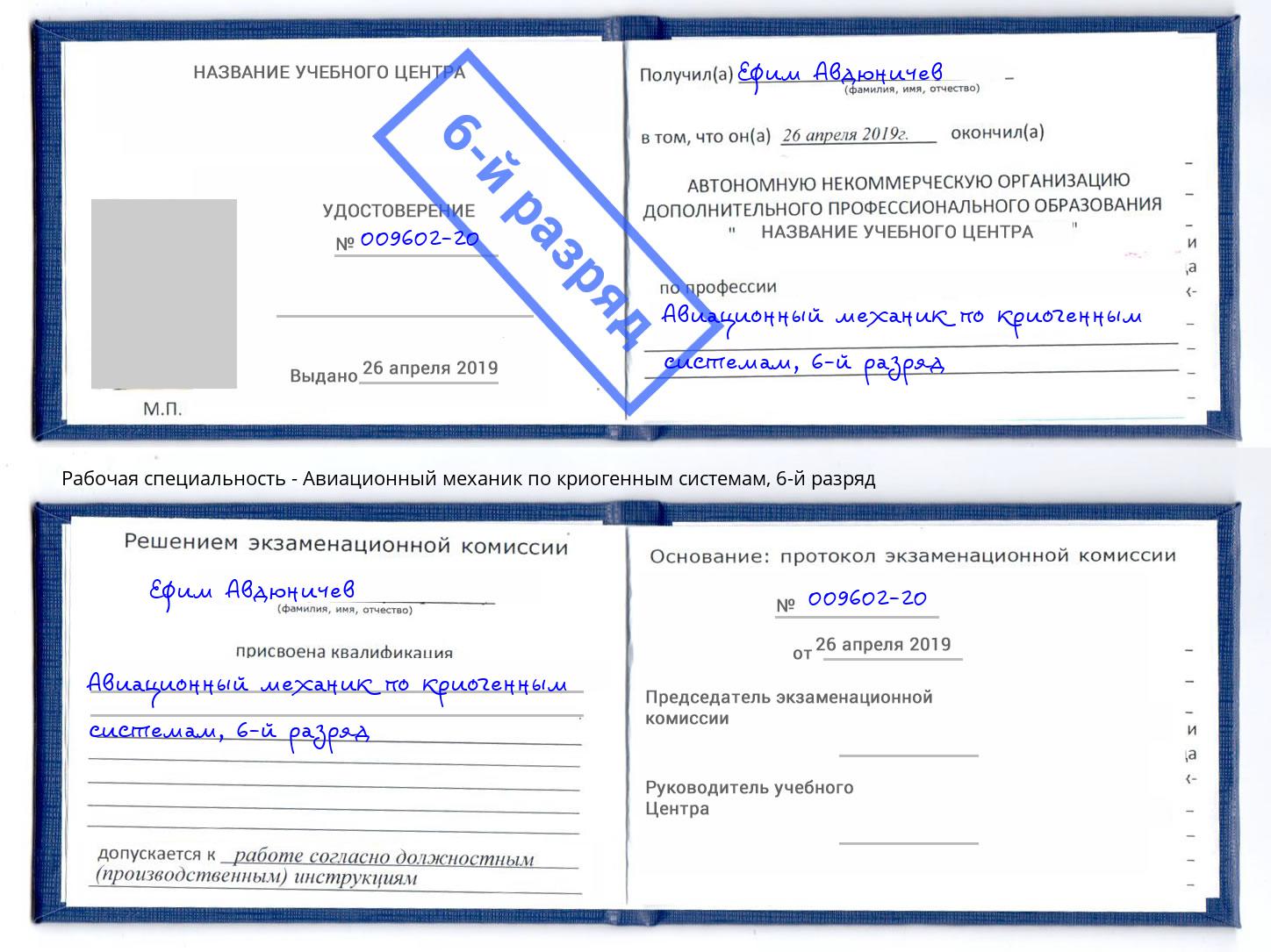 корочка 6-й разряд Авиационный механик по криогенным системам Назарово