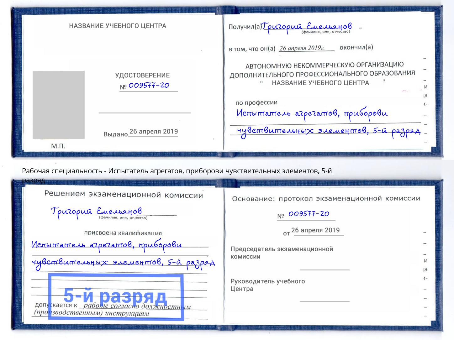 корочка 5-й разряд Испытатель агрегатов, приборови чувствительных элементов Назарово
