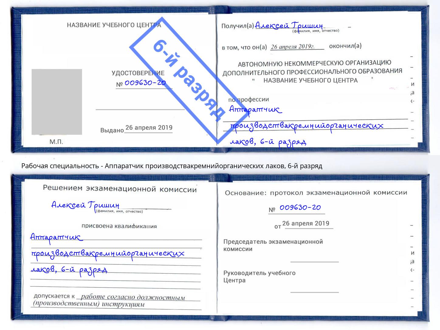 корочка 6-й разряд Аппаратчик производствакремнийорганических лаков Назарово